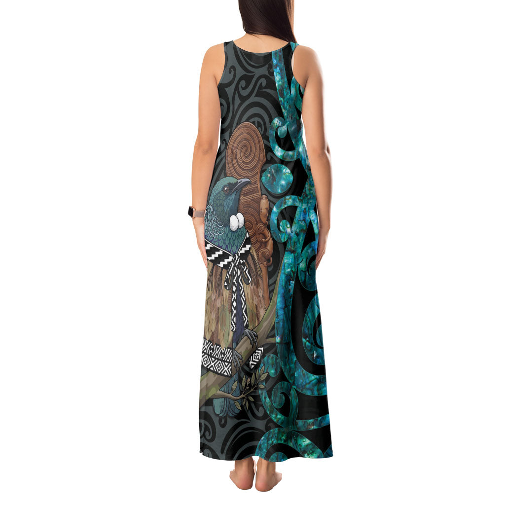 New Zealand Tui Bird Wahaika Tank Maxi Dress Maori Weapon Paua Shell Koru Pattern