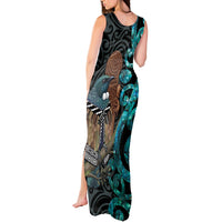New Zealand Tui Bird Wahaika Tank Maxi Dress Maori Weapon Paua Shell Koru Pattern