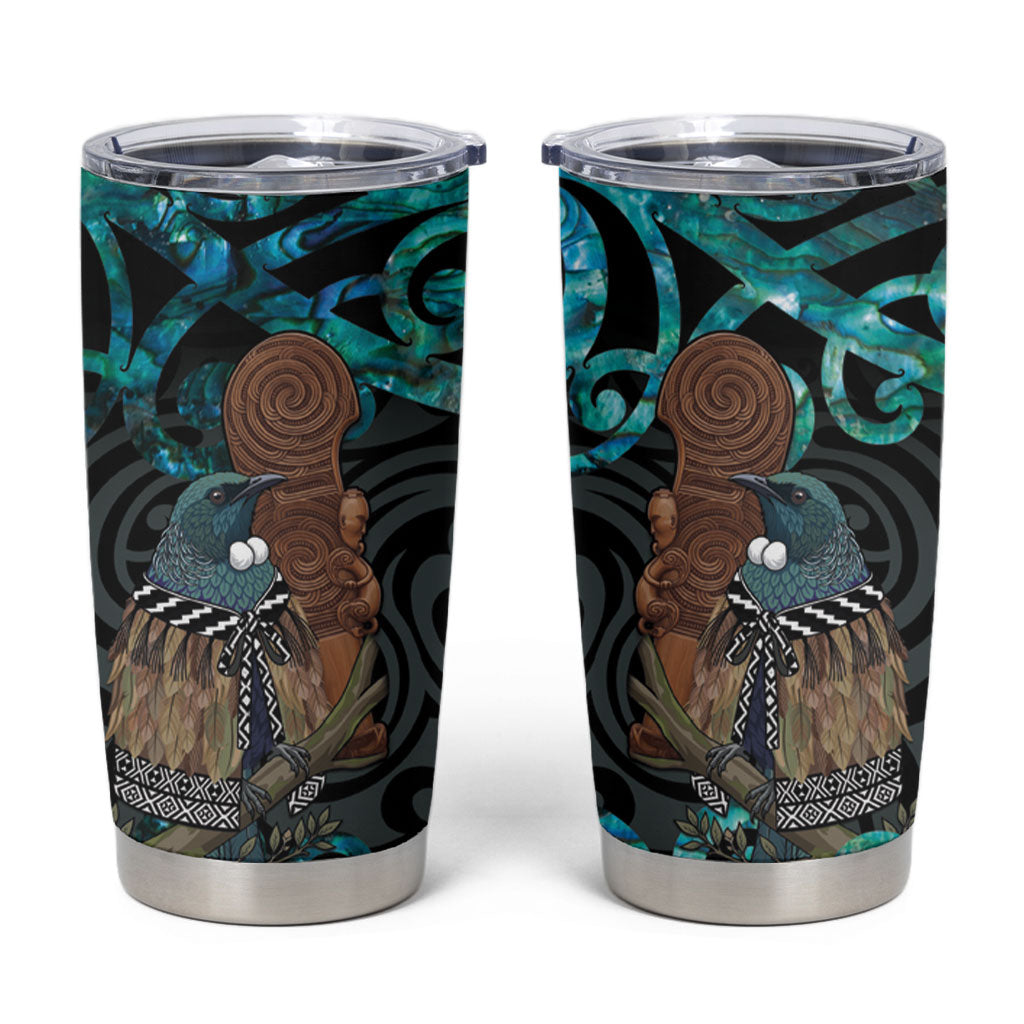 New Zealand Tui Bird Wahaika Tumbler Cup Maori Weapon Paua Shell Koru Pattern
