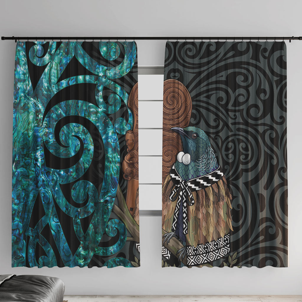 New Zealand Tui Bird Wahaika Window Curtain Maori Weapon Paua Shell Koru Pattern LT22 With Hooks Black - Polynesian Pride