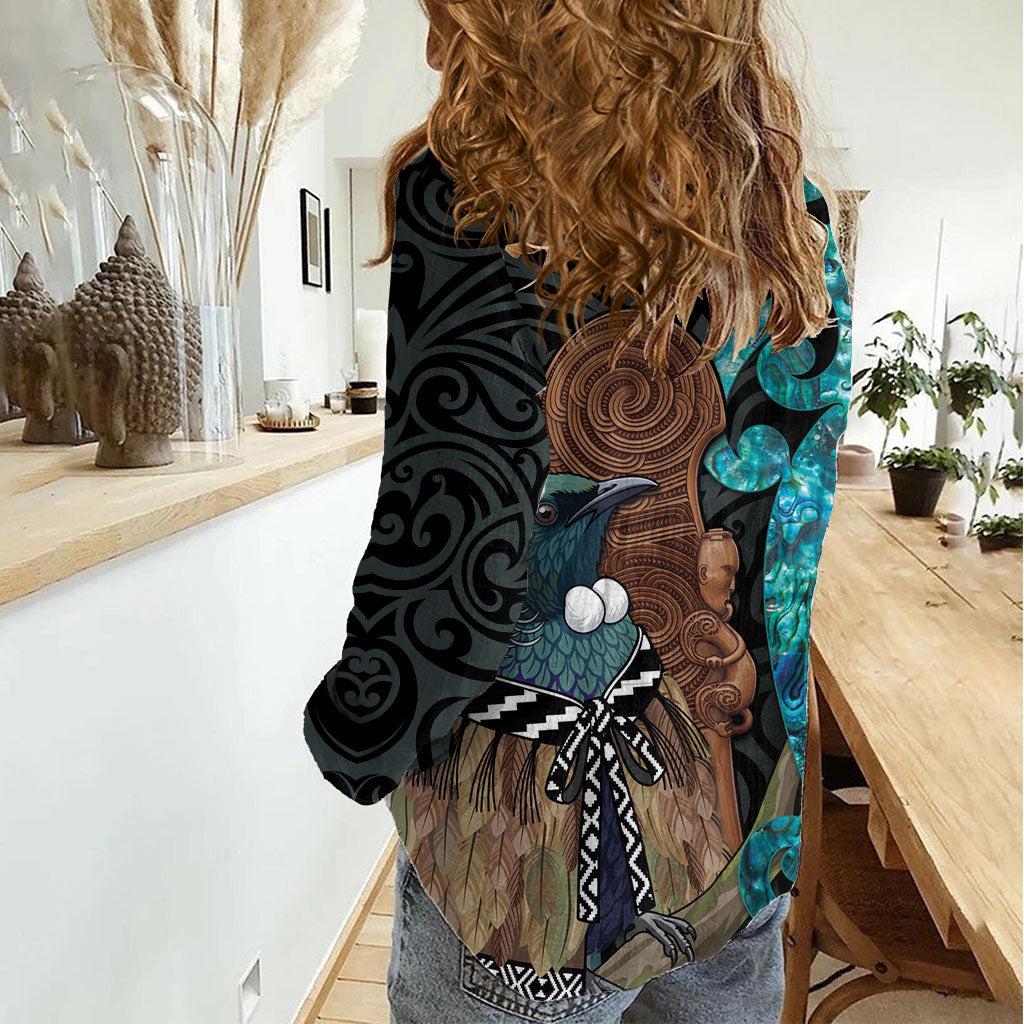 New Zealand Tui Bird Wahaika Women Casual Shirt Maori Weapon Paua Shell Koru Pattern