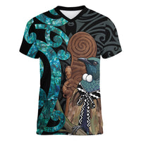New Zealand Tui Bird Wahaika Women V-Neck T-Shirt Maori Weapon Paua Shell Koru Pattern