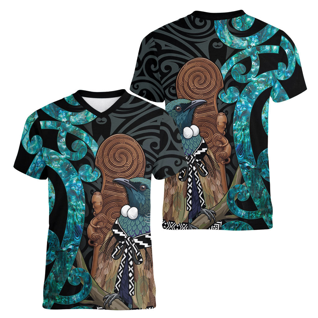 New Zealand Tui Bird Wahaika Women V-Neck T-Shirt Maori Weapon Paua Shell Koru Pattern