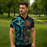 New Zealand Tui Bird Wahaika Zipper Polo Shirt Maori Weapon Paua Shell Koru Pattern