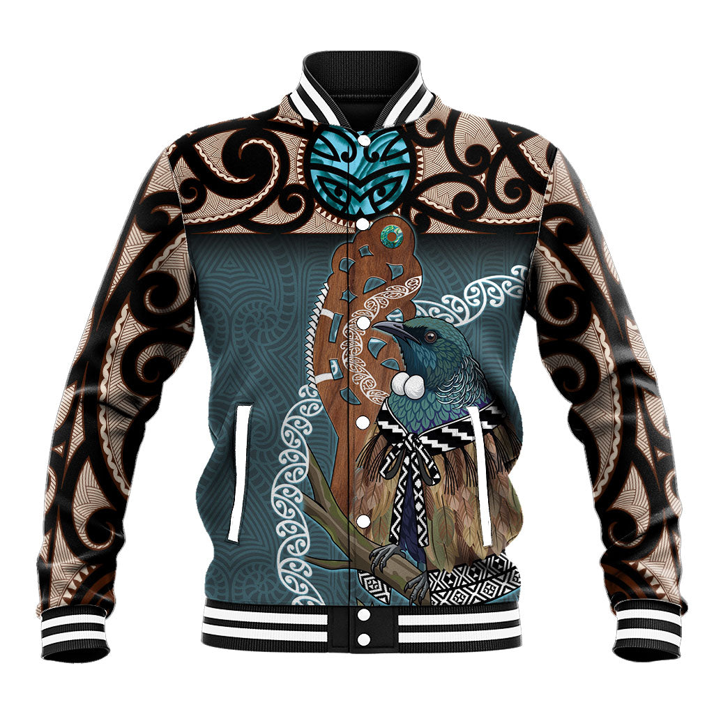 New Zealand Tui Bird Maripi Baseball Jacket Maori Weapon Kowhaiwhai Pattern