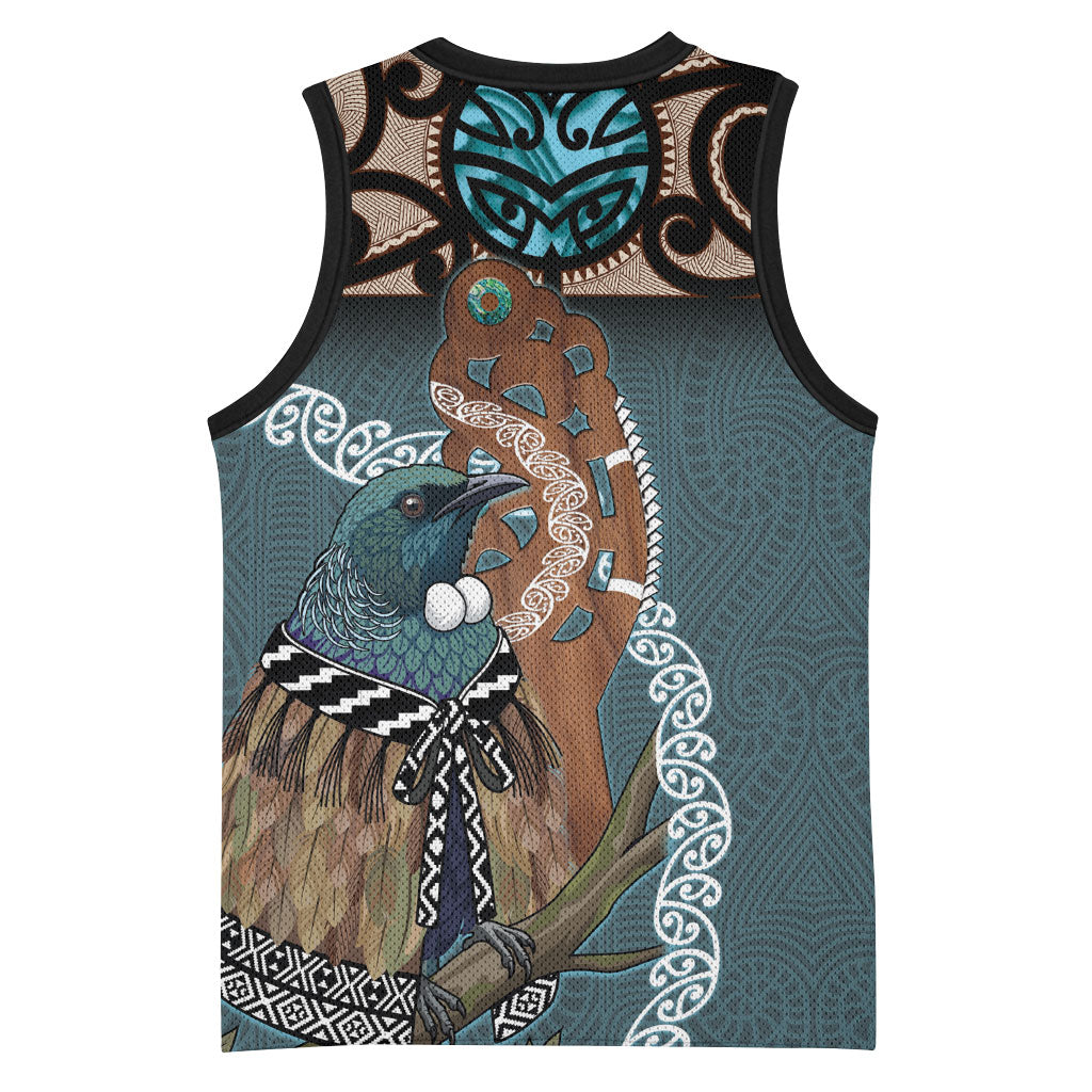New Zealand Tui Bird Maripi Basketball Jersey Maori Weapon Kowhaiwhai Pattern