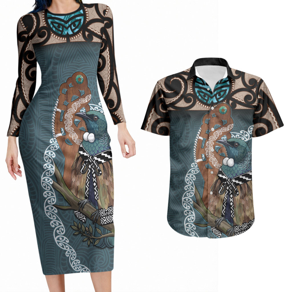 New Zealand Tui Bird Maripi Couples Matching Long Sleeve Bodycon Dress and Hawaiian Shirt Maori Weapon Kowhaiwhai Pattern