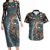 New Zealand Tui Bird Maripi Couples Matching Long Sleeve Bodycon Dress and Hawaiian Shirt Maori Weapon Kowhaiwhai Pattern