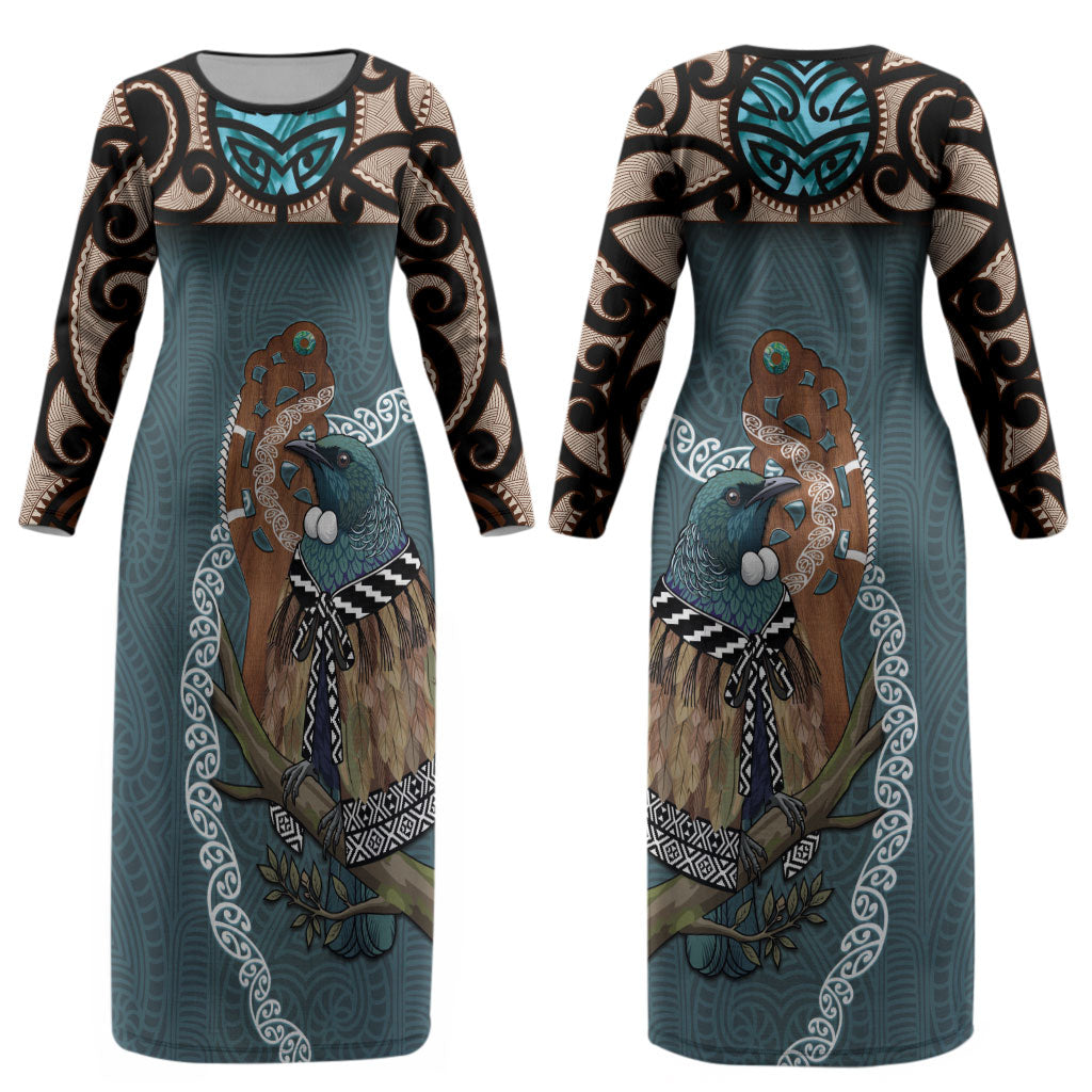 New Zealand Tui Bird Maripi Couples Matching Long Sleeve Bodycon Dress and Hawaiian Shirt Maori Weapon Kowhaiwhai Pattern