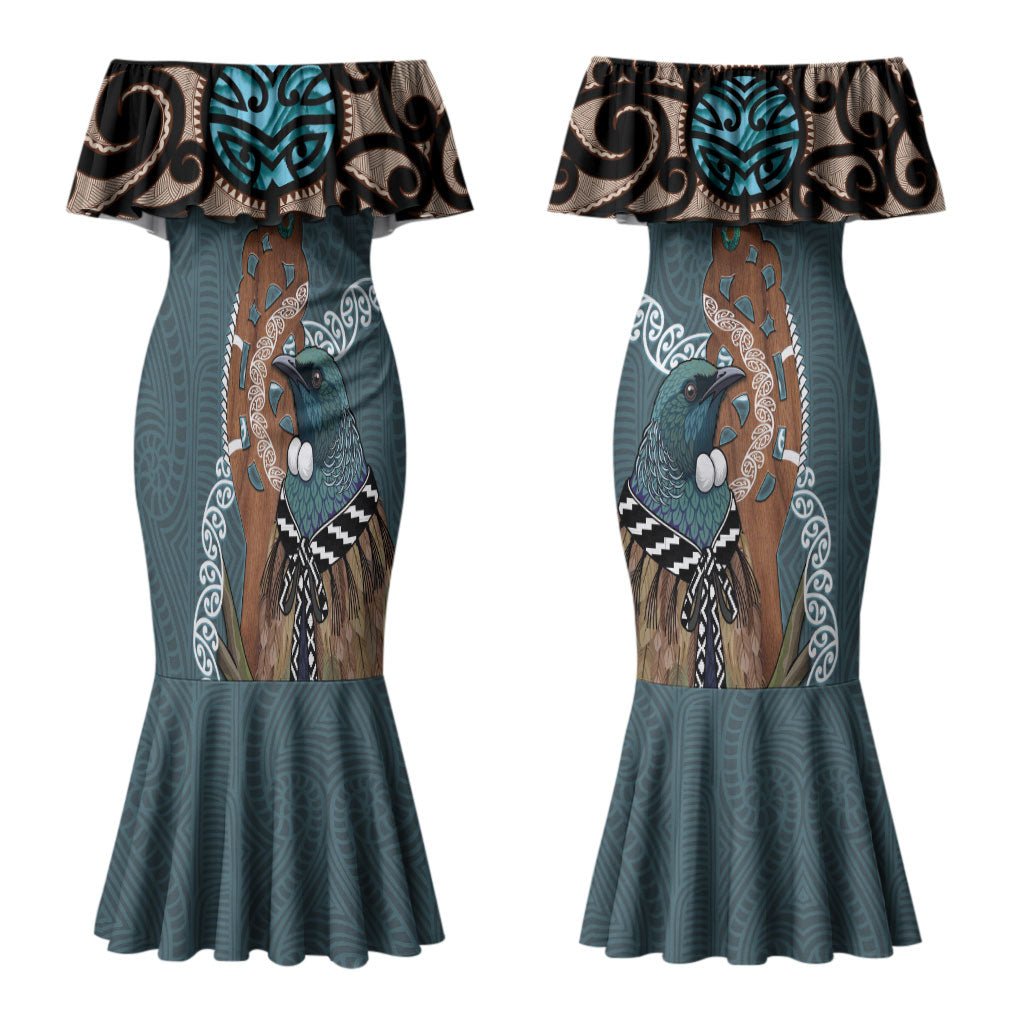 New Zealand Tui Bird Maripi Couples Matching Mermaid Dress and Hawaiian Shirt Maori Weapon Kowhaiwhai Pattern