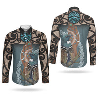 New Zealand Tui Bird Maripi Couples Matching Mermaid Dress and Long Sleeve Button Shirt Maori Weapon Kowhaiwhai Pattern