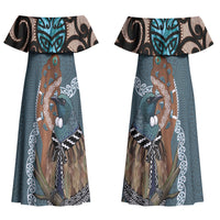 New Zealand Tui Bird Maripi Couples Matching Off Shoulder Maxi Dress and Hawaiian Shirt Maori Weapon Kowhaiwhai Pattern