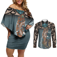 New Zealand Tui Bird Maripi Couples Matching Off Shoulder Short Dress and Long Sleeve Button Shirt Maori Weapon Kowhaiwhai Pattern