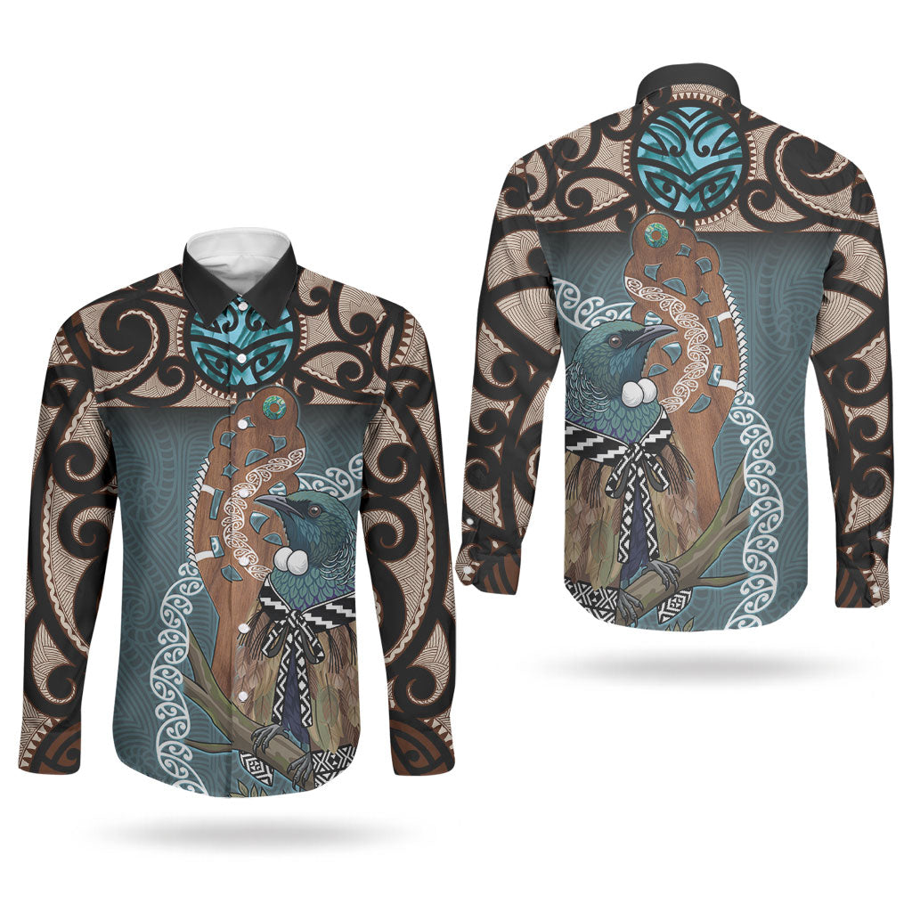 New Zealand Tui Bird Maripi Couples Matching Off Shoulder Short Dress and Long Sleeve Button Shirt Maori Weapon Kowhaiwhai Pattern