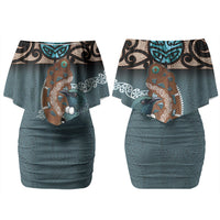 New Zealand Tui Bird Maripi Couples Matching Off Shoulder Short Dress and Long Sleeve Button Shirt Maori Weapon Kowhaiwhai Pattern