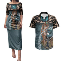 New Zealand Tui Bird Maripi Couples Matching Puletasi and Hawaiian Shirt Maori Weapon Kowhaiwhai Pattern