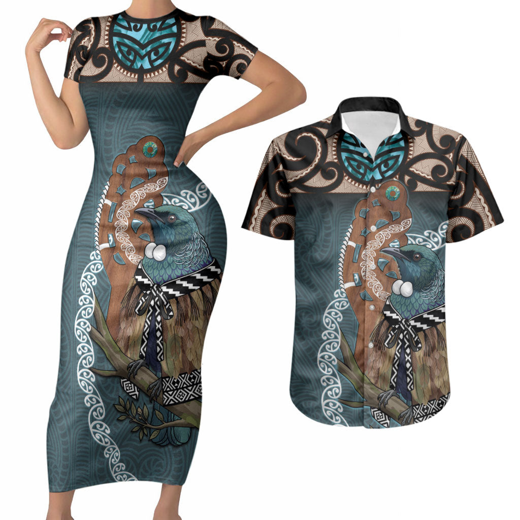 New Zealand Tui Bird Maripi Couples Matching Short Sleeve Bodycon Dress and Hawaiian Shirt Maori Weapon Kowhaiwhai Pattern LT22 Slate Blue - Polynesian Pride