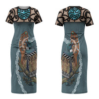New Zealand Tui Bird Maripi Couples Matching Short Sleeve Bodycon Dress and Hawaiian Shirt Maori Weapon Kowhaiwhai Pattern