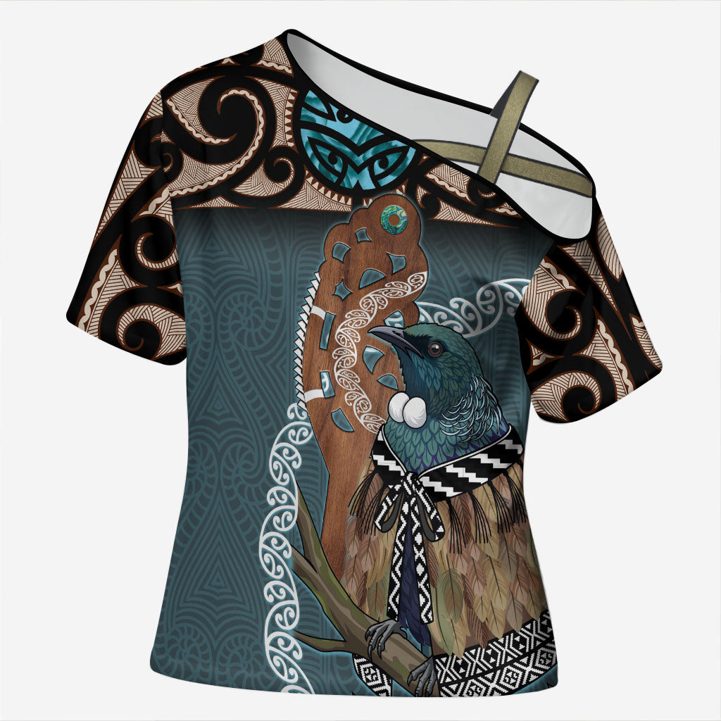 New Zealand Tui Bird Maripi Cross Shoulder Shirt Maori Weapon Kowhaiwhai Pattern