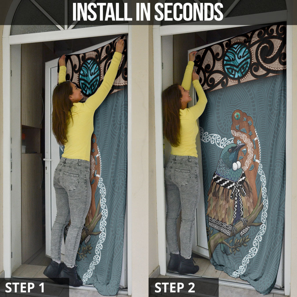 New Zealand Tui Bird Maripi Door Cover Maori Weapon Kowhaiwhai Pattern