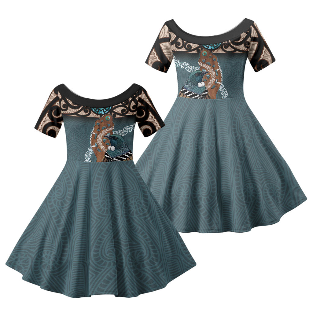 New Zealand Tui Bird Maripi Family Matching Off The Shoulder Long Sleeve Dress and Hawaiian Shirt Maori Weapon Kowhaiwhai Pattern
