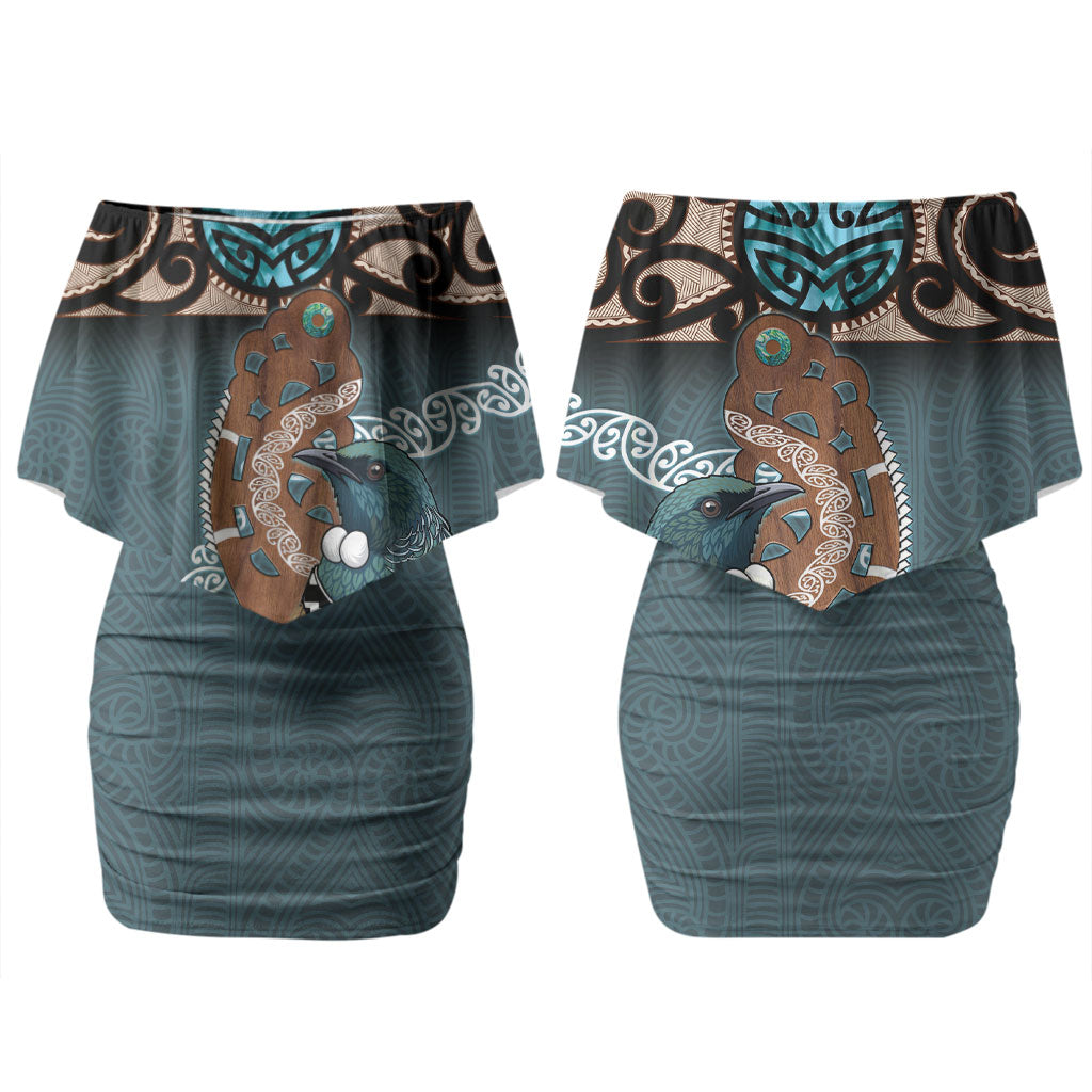 New Zealand Tui Bird Maripi Family Matching Off Shoulder Short Dress and Hawaiian Shirt Maori Weapon Kowhaiwhai Pattern