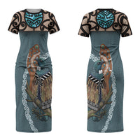 New Zealand Tui Bird Maripi Family Matching Short Sleeve Bodycon Dress and Hawaiian Shirt Maori Weapon Kowhaiwhai Pattern