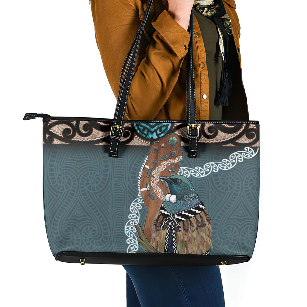 New Zealand Tui Bird Maripi Leather Tote Bag Maori Weapon Kowhaiwhai Pattern