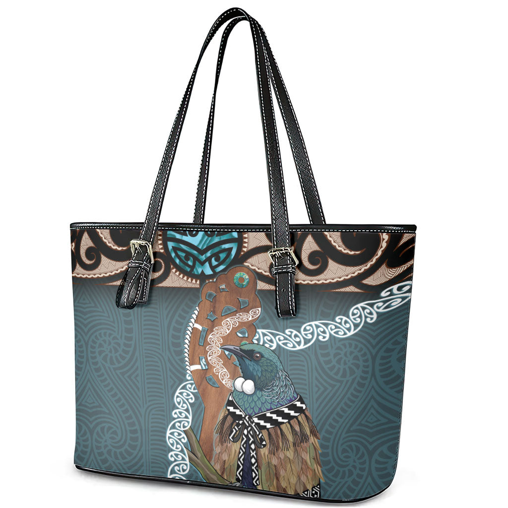 New Zealand Tui Bird Maripi Leather Tote Bag Maori Weapon Kowhaiwhai Pattern