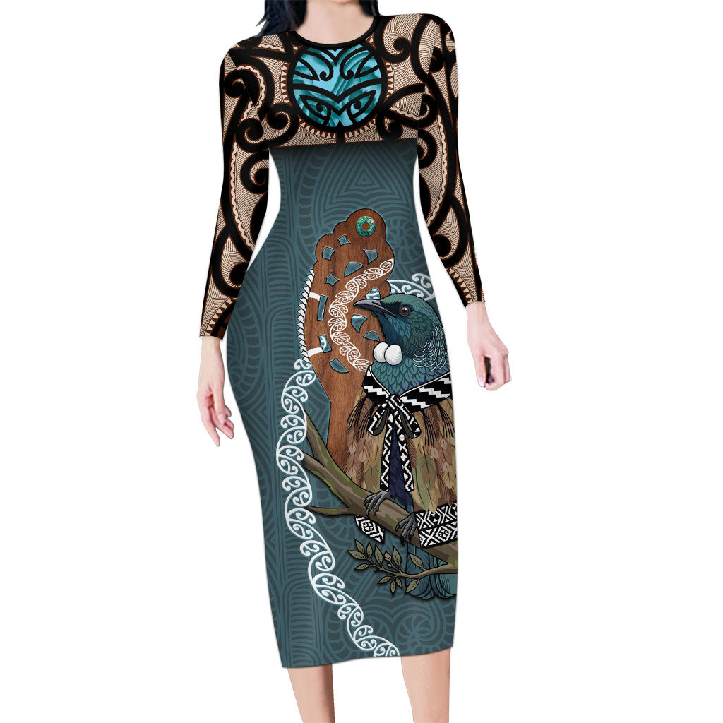 New Zealand Tui Bird Maripi Long Sleeve Bodycon Dress Maori Weapon Kowhaiwhai Pattern