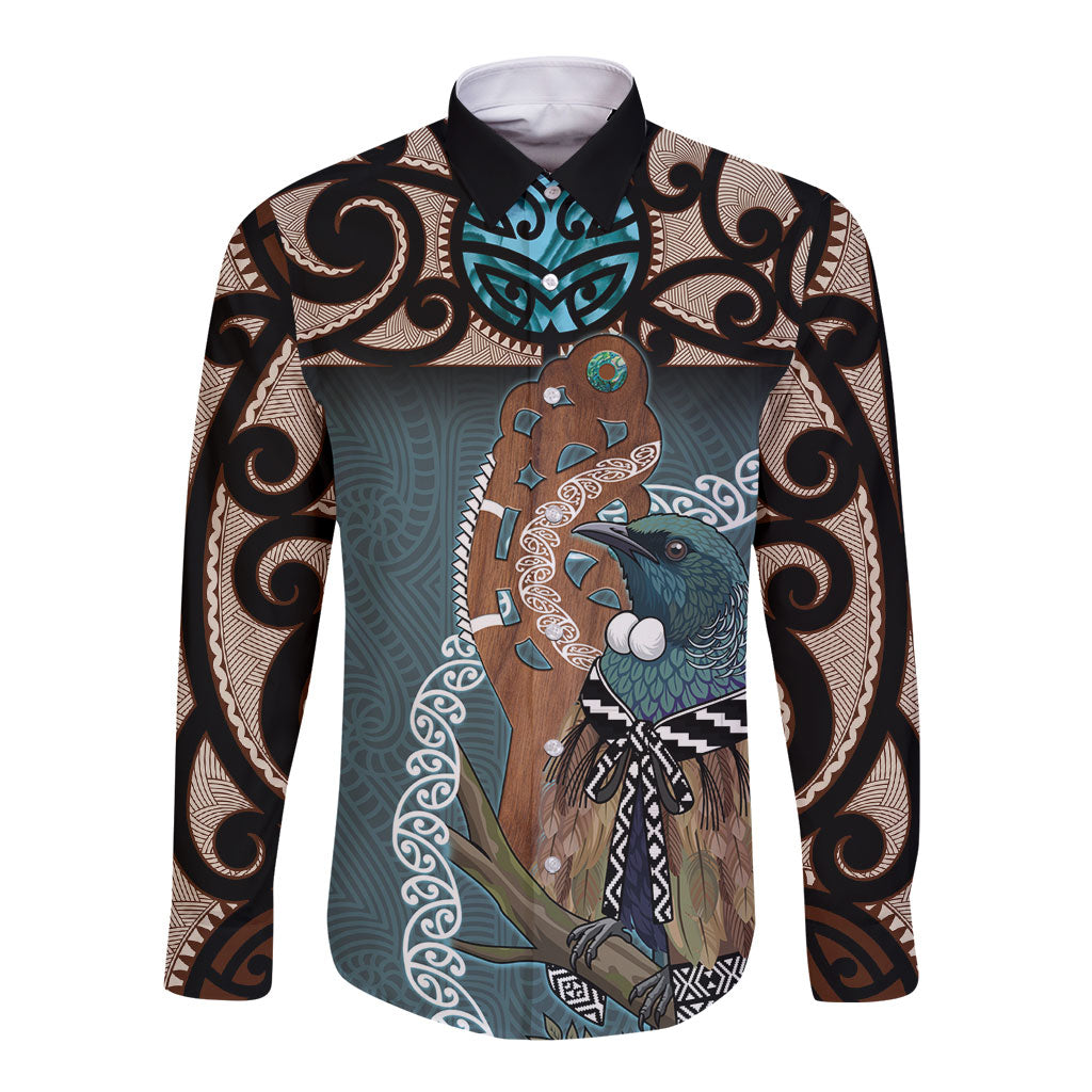 New Zealand Tui Bird Maripi Long Sleeve Button Shirt Maori Weapon Kowhaiwhai Pattern