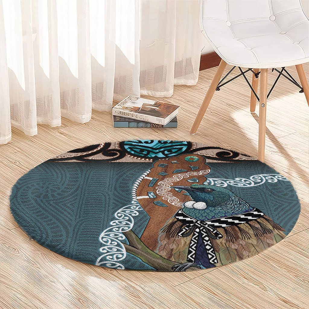 New Zealand Tui Bird Maripi Round Carpet Maori Weapon Kowhaiwhai Pattern