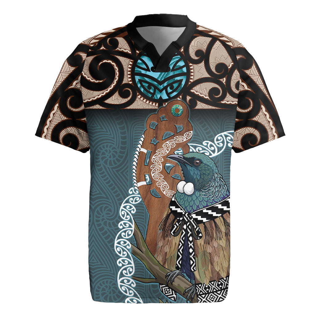 New Zealand Tui Bird Maripi Rugby Jersey Maori Weapon Kowhaiwhai Pattern