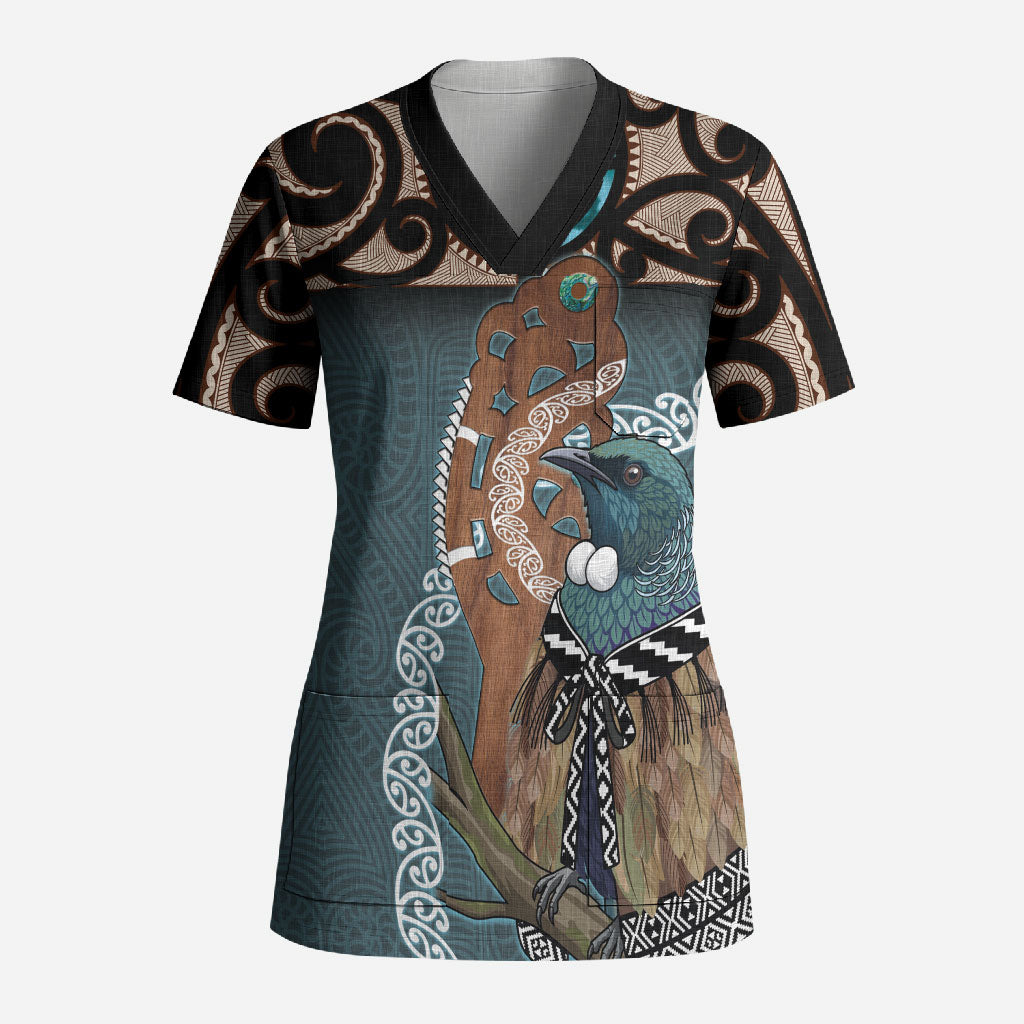New Zealand Tui Bird Maripi Scrub Top Maori Weapon Kowhaiwhai Pattern