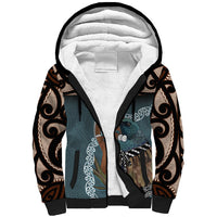 New Zealand Tui Bird Maripi Sherpa Hoodie Maori Weapon Kowhaiwhai Pattern
