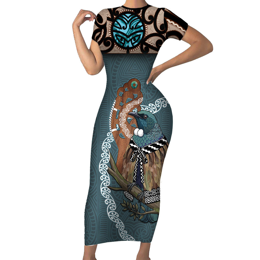New Zealand Tui Bird Maripi Short Sleeve Bodycon Dress Maori Weapon Kowhaiwhai Pattern