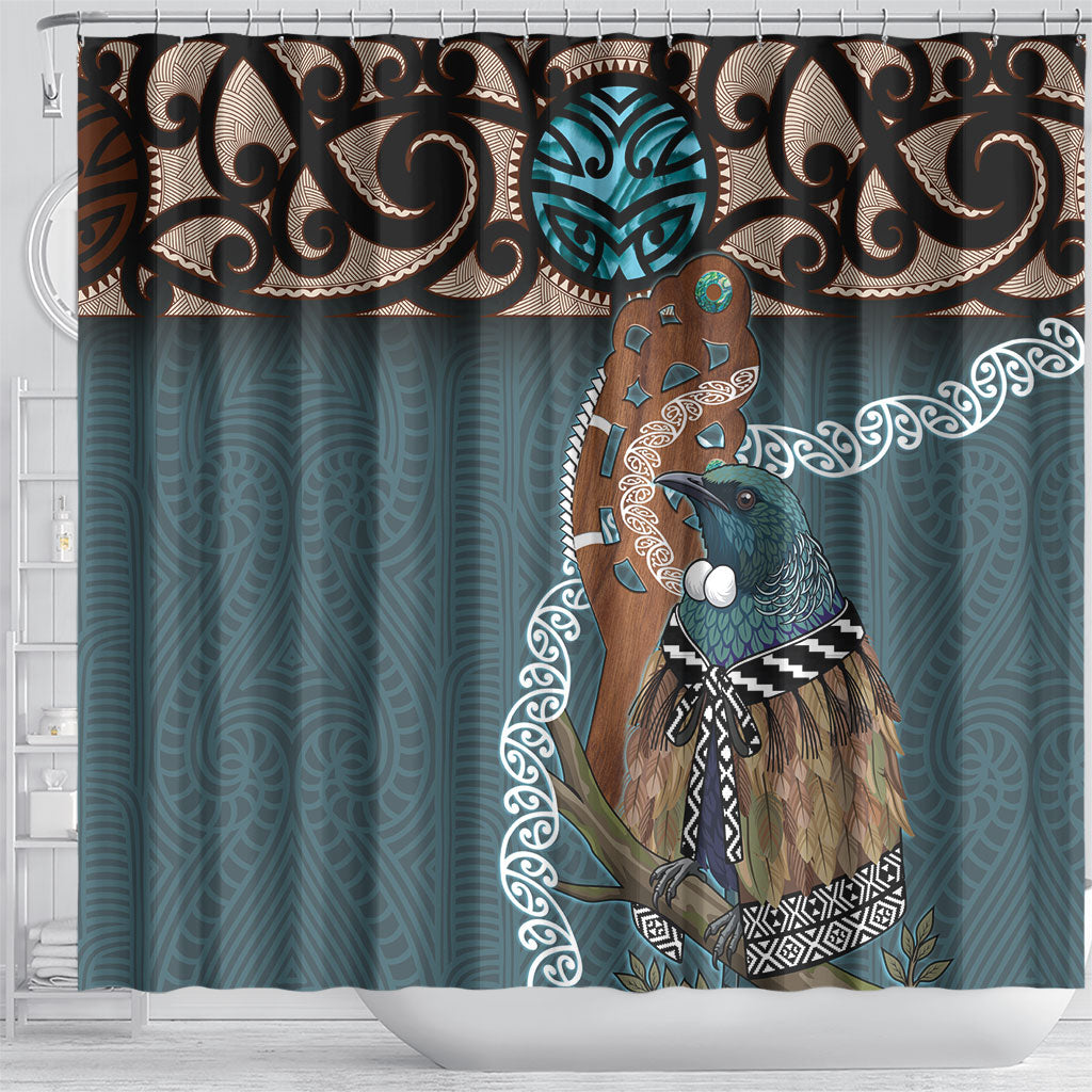New Zealand Tui Bird Maripi Shower Curtain Maori Weapon Kowhaiwhai Pattern