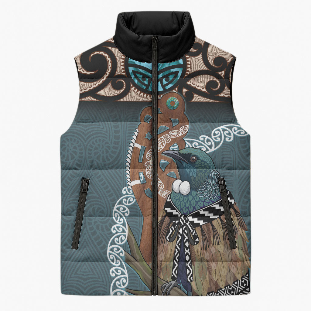 New Zealand Tui Bird Maripi Sleeveless Puffer Jacket Maori Weapon Kowhaiwhai Pattern