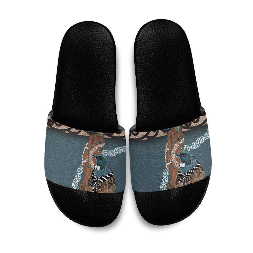 New Zealand Tui Bird Maripi Slide Sandals Maori Weapon Kowhaiwhai Pattern