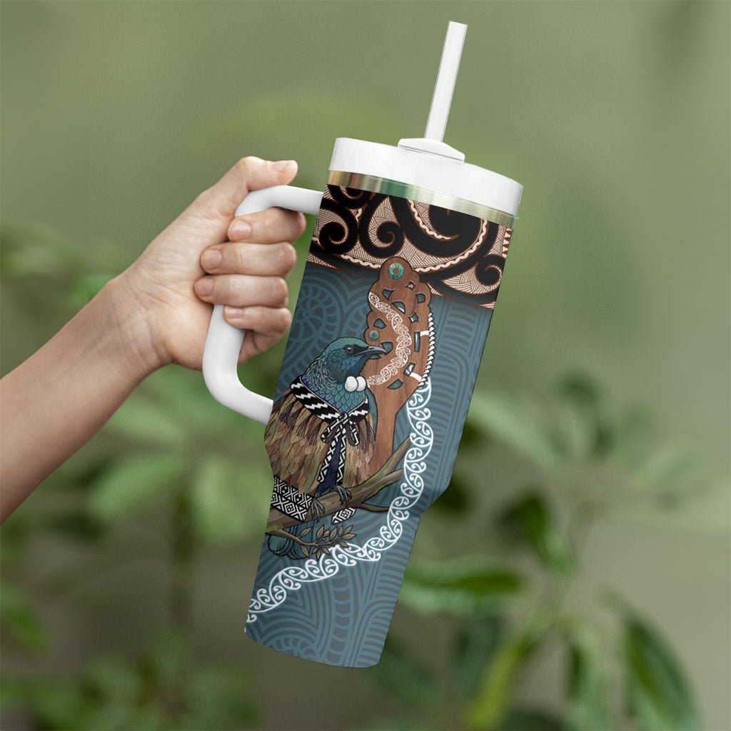 New Zealand Tui Bird Maripi Tumbler With Handle Maori Weapon Kowhaiwhai Pattern