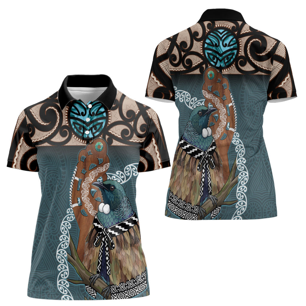 New Zealand Tui Bird Maripi Women Polo Shirt Maori Weapon Kowhaiwhai Pattern