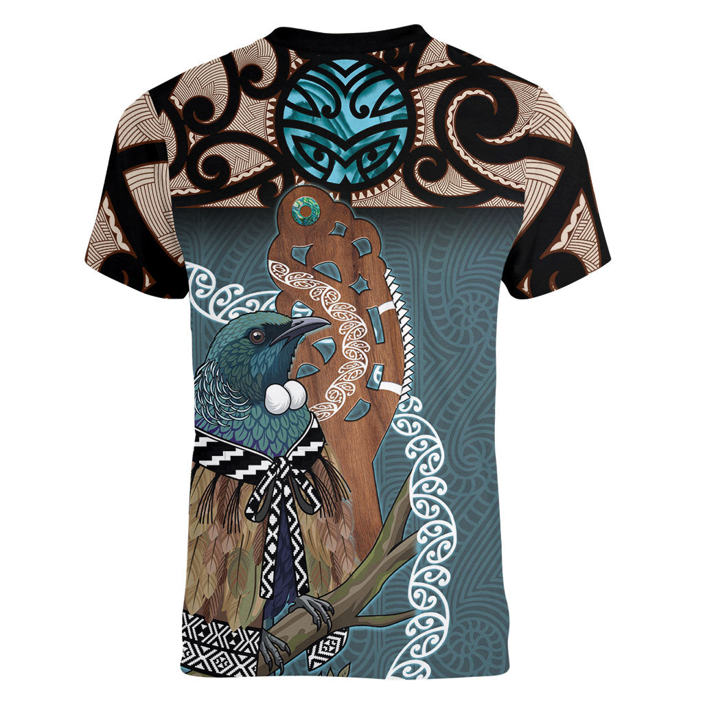 New Zealand Tui Bird Maripi Women V-Neck T-Shirt Maori Weapon Kowhaiwhai Pattern