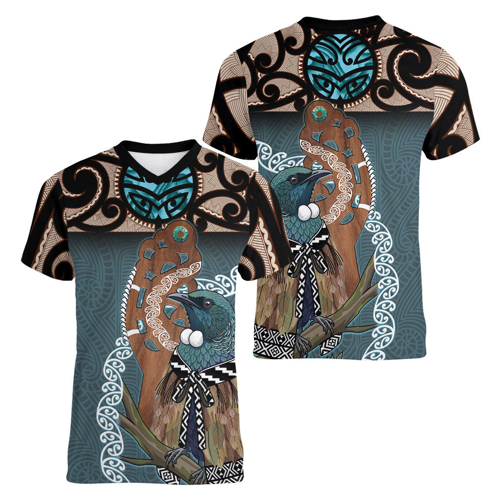 New Zealand Tui Bird Maripi Women V-Neck T-Shirt Maori Weapon Kowhaiwhai Pattern