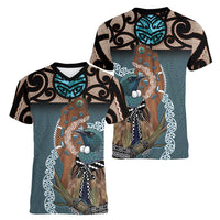 New Zealand Tui Bird Maripi Women V-Neck T-Shirt Maori Weapon Kowhaiwhai Pattern
