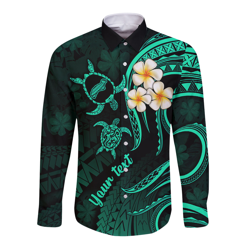 Personalised Niihau Hawaii Long Sleeve Button Shirt Polynesian Tattoo and Pacific Plumeria Turquoise Vibe LT9 Unisex Turquoise - Polynesian Pride