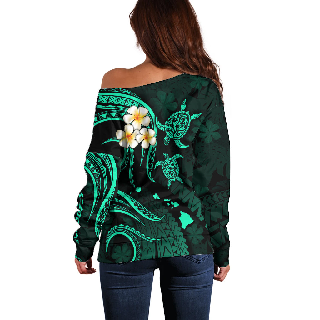 Personalised Niihau Hawaii Off Shoulder Sweater Polynesian Tattoo and Pacific Plumeria Turquoise Vibe LT9 - Polynesian Pride