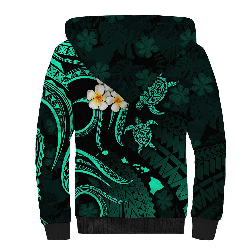 Personalised Niihau Hawaii Sherpa Hoodie Polynesian Tattoo and Pacific Plumeria Turquoise Vibe LT9 - Polynesian Pride