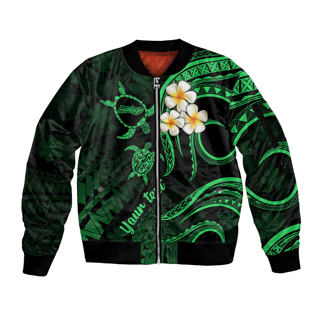 Personalised Molokai Hawaii Sleeve Zip Bomber Jacket Polynesian Tattoo and Pacific Plumeria Green Vibe LT9 Unisex Green - Polynesian Pride