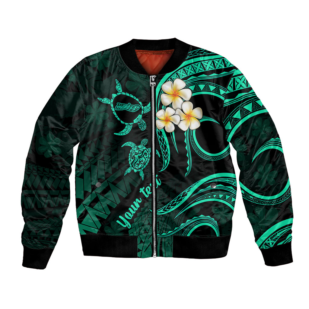 Personalised Molokai Hawaii Bomber Jacket Polynesian Tattoo and Pacific Plumeria Turquoise Vibe LT9 Unisex Turquoise - Polynesian Pride