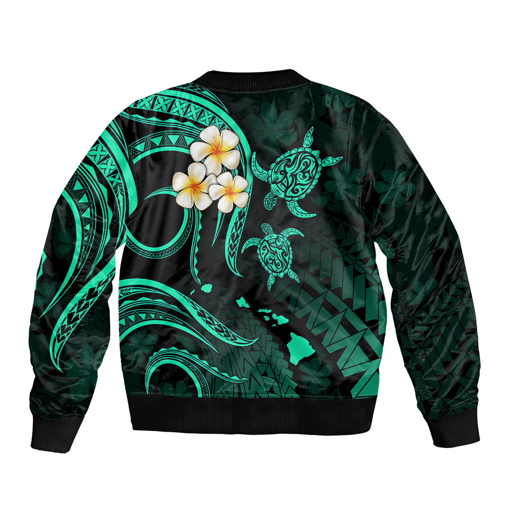 Personalised Molokai Hawaii Sleeve Zip Bomber Jacket Polynesian Tattoo and Pacific Plumeria Turquoise Vibe LT9 - Polynesian Pride
